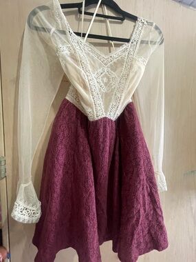 Lace Bodice Fit-and-Flare Dress in Cream & Burgundy Victorian mini dress